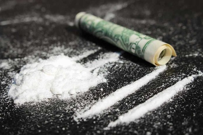 Powder lines, rolled dollar bill on black surface.
