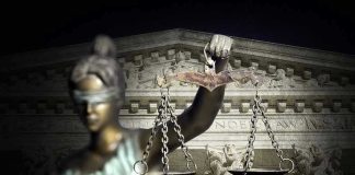 Egregious Abuse: Feds Torch California Schools Blindfolded Lady Justice with scales, Supreme Court background.