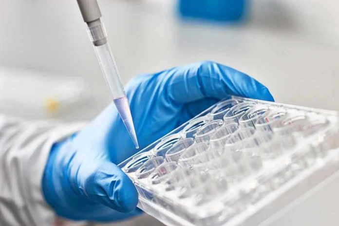 612999197-2 Gloved hand pipetting liquid into a tray.