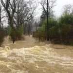 Flooded residential street with fast-moving muddy water
