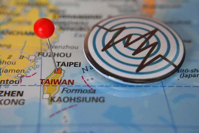 Map of Taiwan with red pin and earthquake icon