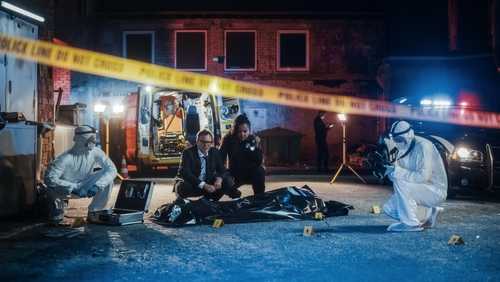shutterstock_2230645937 Police and forensic team investigating a crime scene in a dark alley