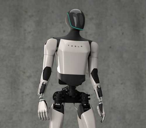 shutterstock_2534154517 A humanoid robot designed by Tesla standing against a gray background