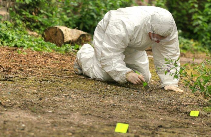 Forensic investigator in protective suit collecting evidence on the ground