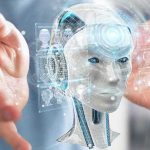 robot head hologram between outstretched hands
