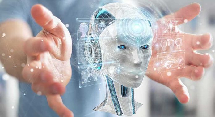robot head hologram between outstretched hands