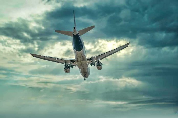 Commercial airplane approaching for landing under dramatic cloudy sky