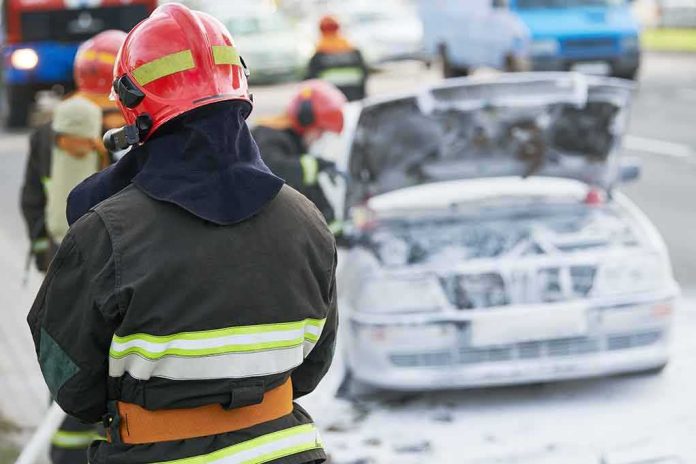 shutterstock_2156824477 Firefighter near foam-covered car with open hood