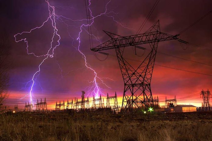 shutterstock_50228551 Lightning strikes illuminate a power station against a colorful sunset sky
