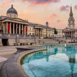 National Gallery and fountain at sunset in Trafalgar Square