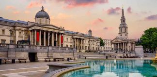 A 198-Year-Old Institution Is Closing Its Doors National Gallery and fountain at sunset in Trafalgar Square