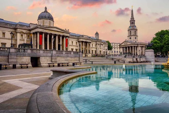 National Gallery and fountain at sunset in Trafalgar Square