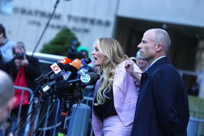 Woman addressing a press conference with multiple microphones