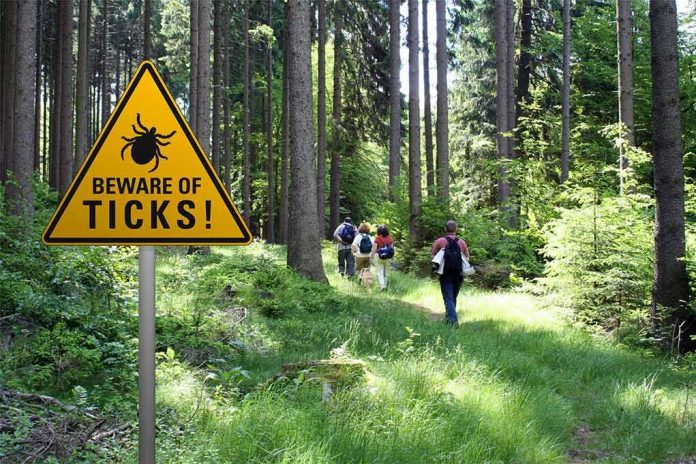shutterstock_1100981120 Hikers on a forest trail near a triangular tick warning sign