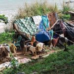 makeshift shelter near a beach with tarps and clothes drying