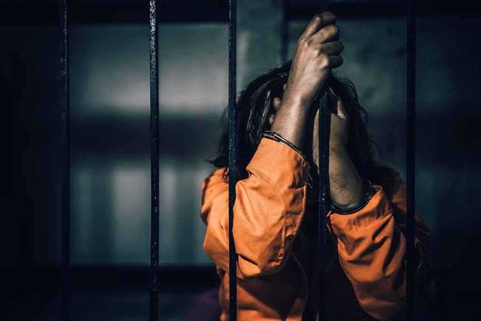 shutterstock_1459225292 Prisoner in orange jumpsuit gripping jail bars