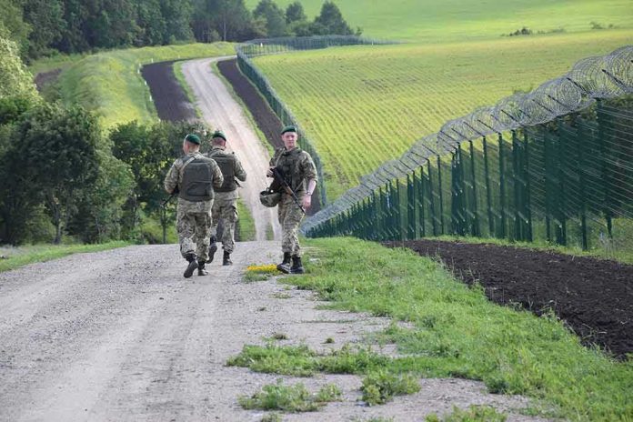 shutterstock_1481684600 Soldiers patrolling along a rural border fence