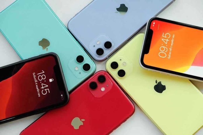 iPhones arranged in a colorful fan