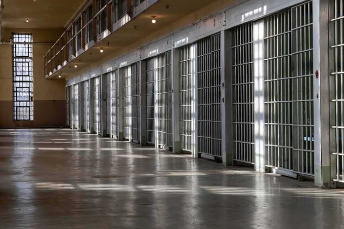 shutterstock_1628186173 Row of prison cells with metal bars along an empty corridor