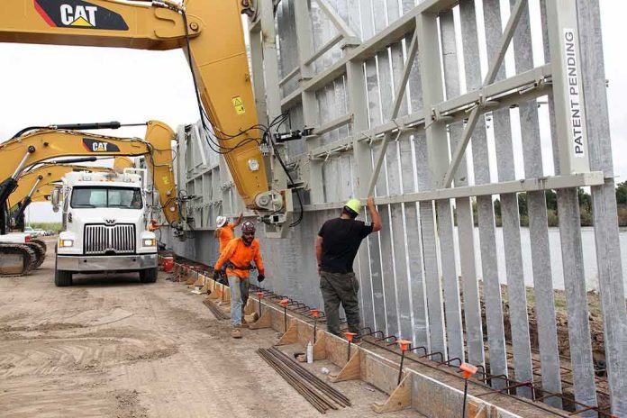 shutterstock_1644528682 Construction workers install large steel wall panels with excavators