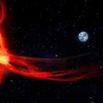 Sun with solar flare extending toward Earth in space