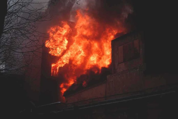 Building engulfed in flames at night