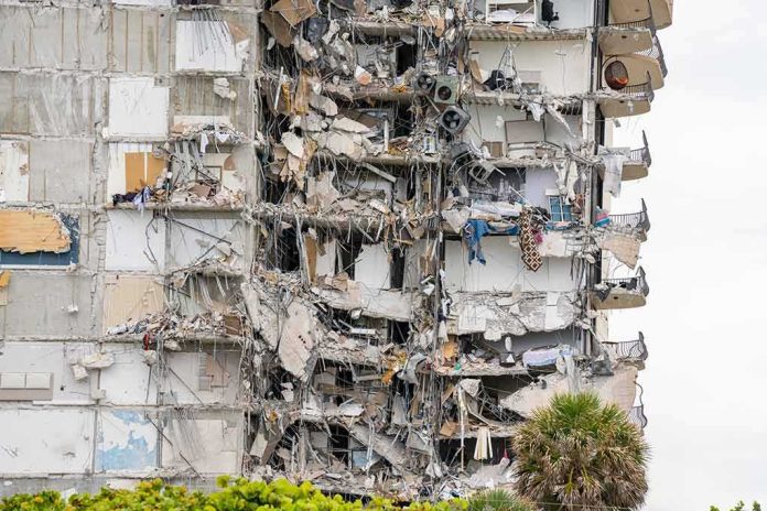 partially collapsed apartment building facade