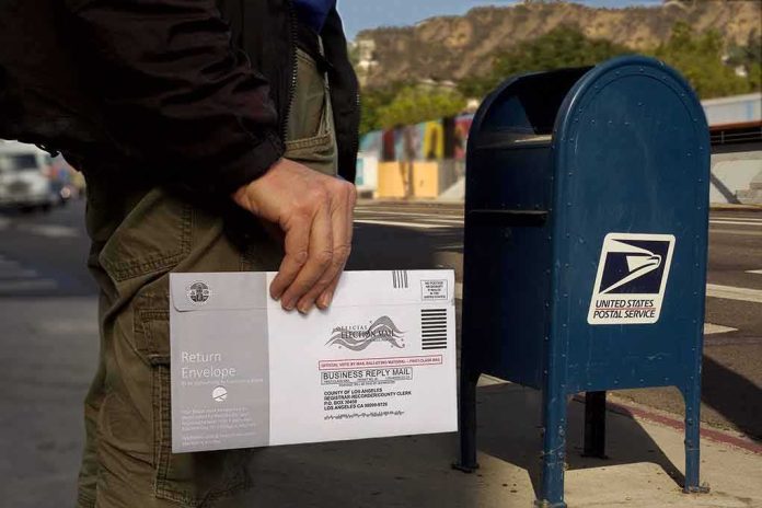 Person mailing a ballot envelope at a blue USPS street mailbox