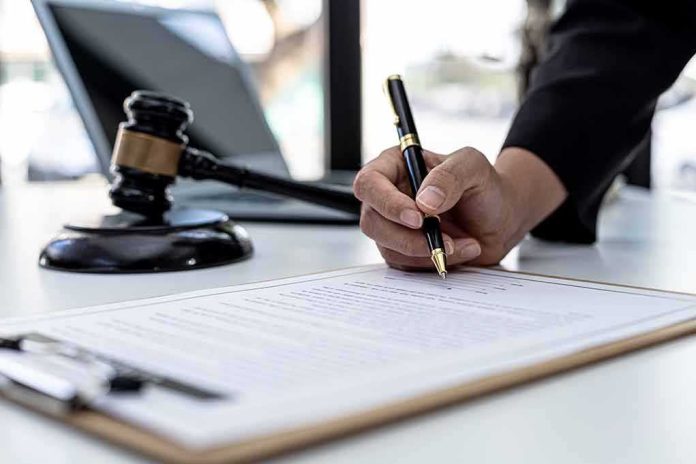 shutterstock_2103308165 Hand signing legal document beside gavel and laptop