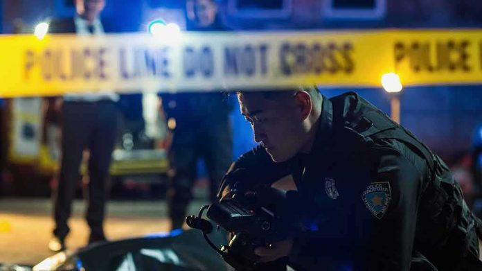 Police officer examines evidence at night behind caution tape
