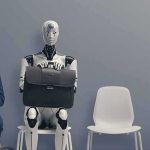 Robot and businessman sitting in a waiting room