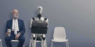 Assembly Line Humanoids Go LIVE Robot and businessman sitting in a waiting room