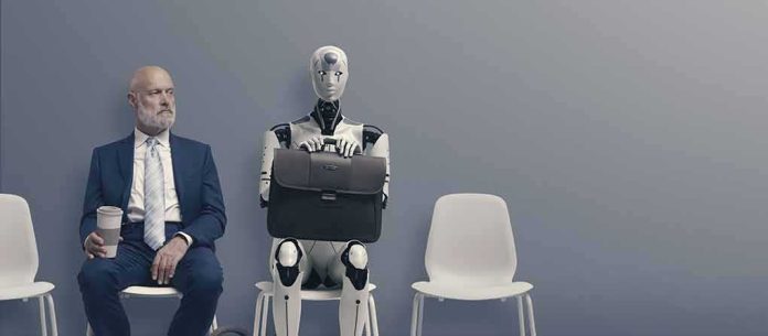 Robot and businessman sitting in a waiting room