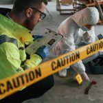 Madison Square Garden Lockdown After Wild Attack Police officer and forensic investigator at a crime scene behind caution tape