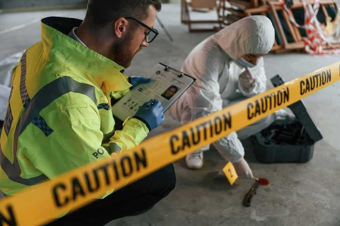 Police officer and forensic investigator at a crime scene behind caution tape