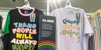 Rights Groups Cry Foul – Vice Labels, Political Aim Pride-themed T-shirts on store display with colorful slogans and rainbow sign