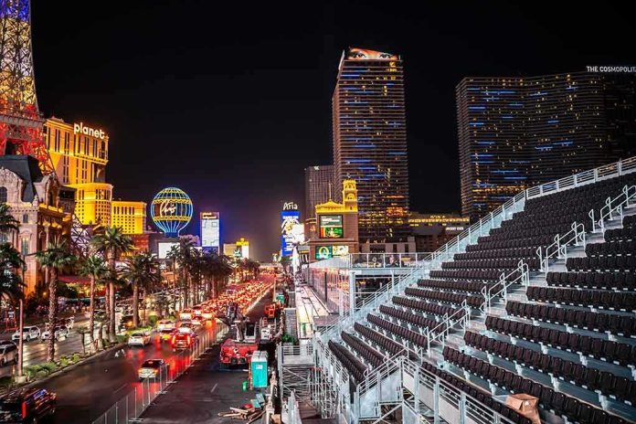 Las Vegas Strip at night with traffic and grandstand seating