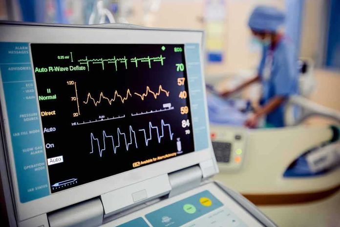 Patient monitor displaying vital signs in a hospital room