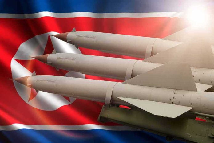 Missiles in front of North Korea flag