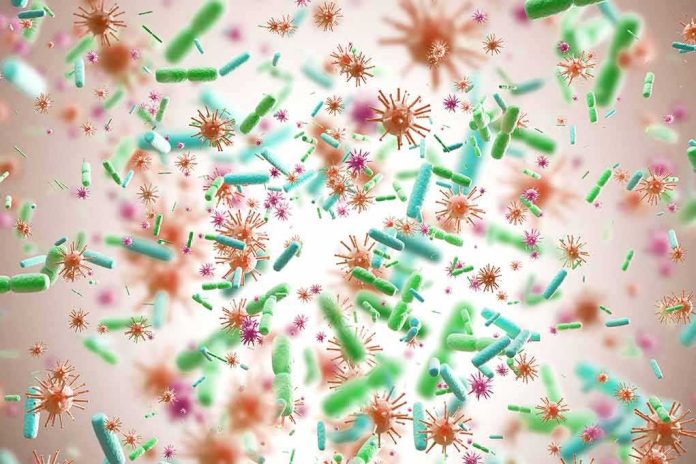 Colorful microscopic bacteria and viruses floating in space