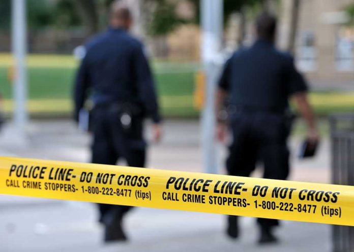 Police officers walking past caution tape at a crime scene