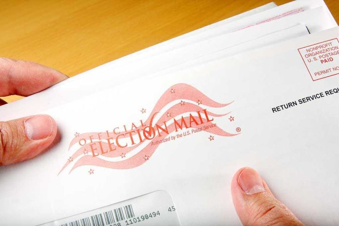 A hand holding an envelope labeled Official Election Mail