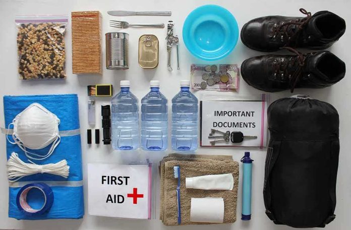 shutterstock_1344434198 Emergency kit items organized on a white surface