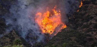 Homes Torched – Patriots Hill Flag Stands Wildfire burning on a hillside near homes