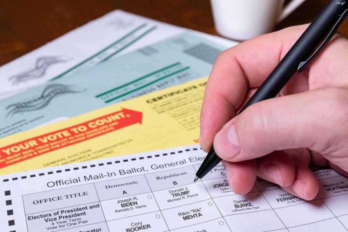 shutterstock_1844359162 Hand filling out a mail-in ballot with a pen