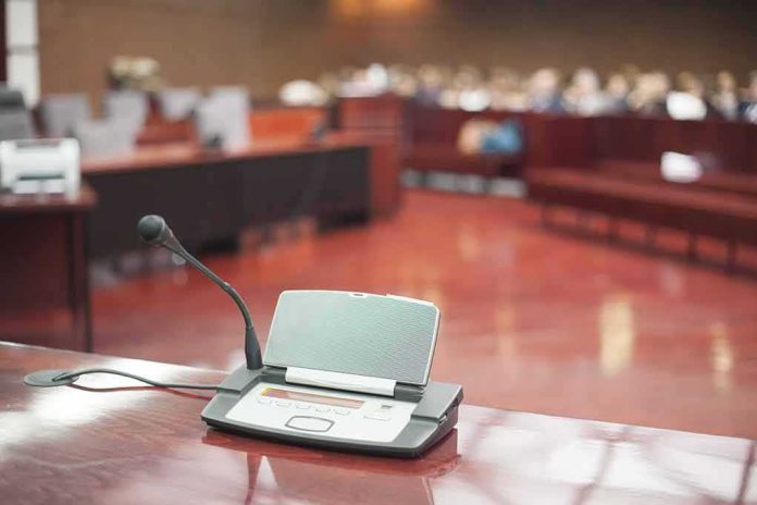 Conference microphone on a desk in a courtroom