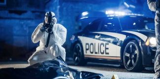 Rush-Hour Gunshot Stuns George Washington Bridge forensic investigator photographing crime scene near police car